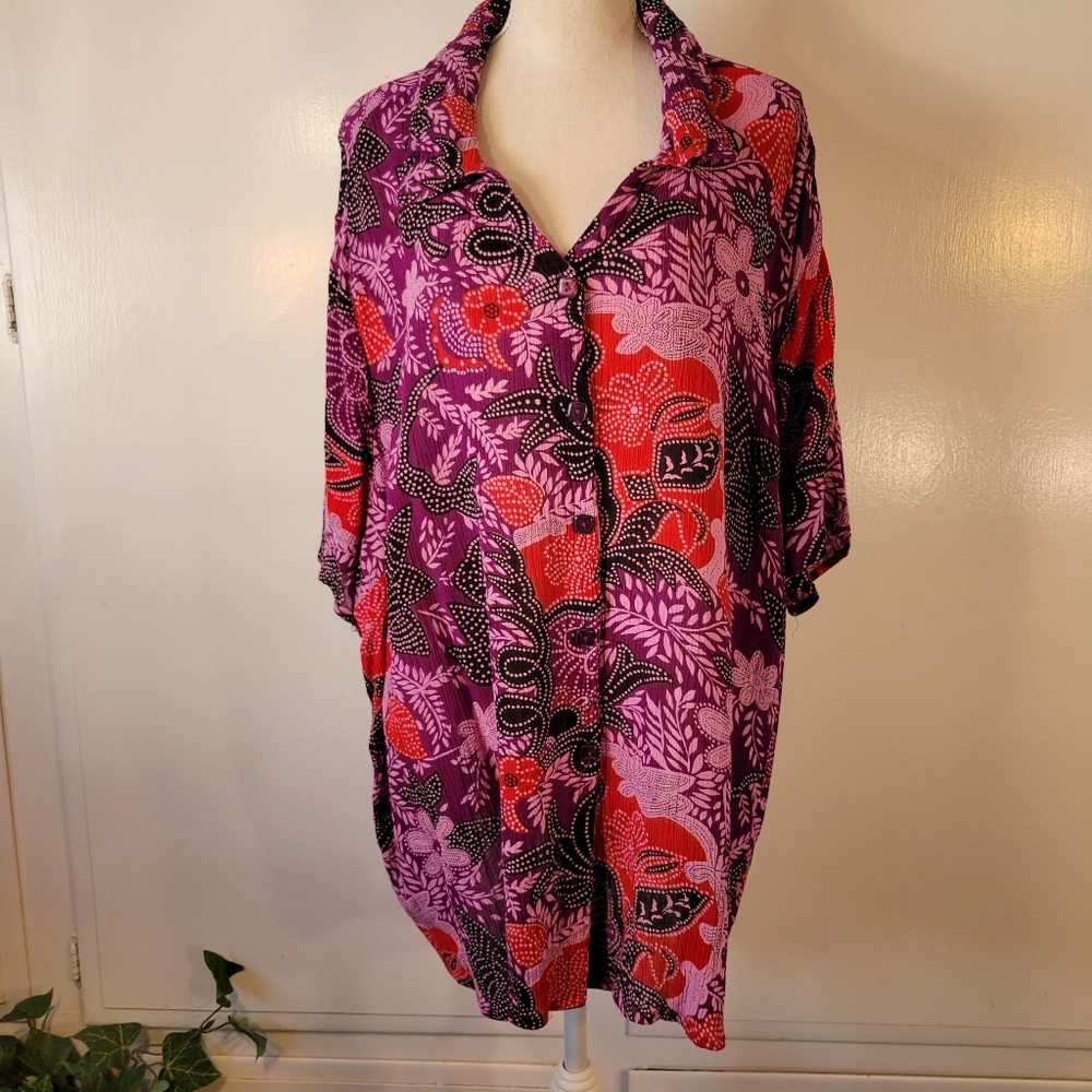 Womens Plus Size 4X Button Down Blouse Purple Red Floral by White Stag